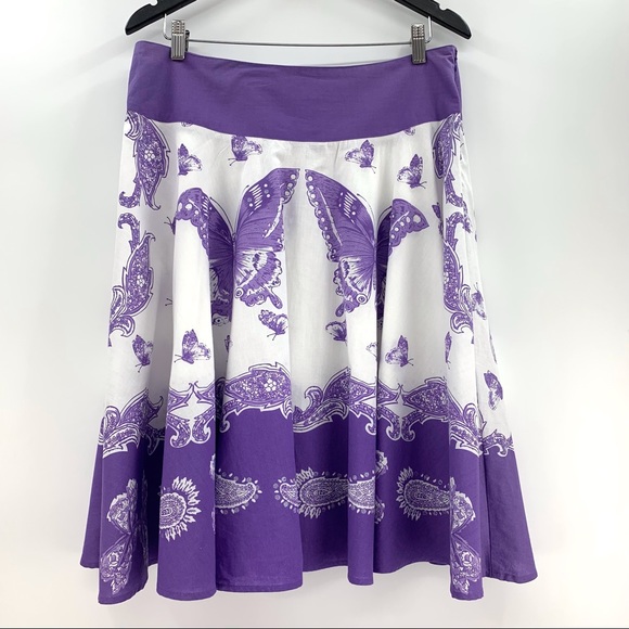 DKR & Co Purple and White Cotton Paisley Butterfly Patterned Circle Skirt, Large - Picture 9 of 14